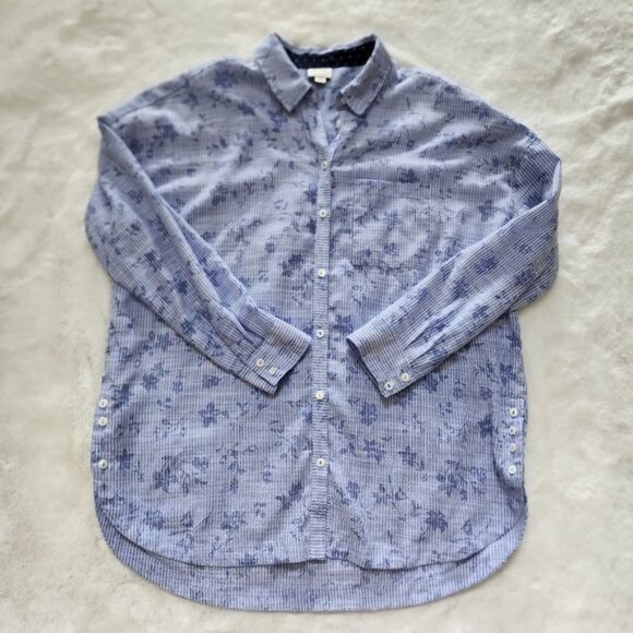 Anthropologie Postmark  Blue White Striped Floral Long Sleeve Button Up … - Picture 7 of 12